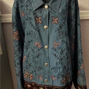 Women’s Embroidered Denim Button Down Shirt With Floral Design Size Large